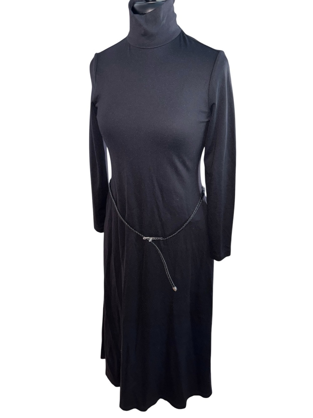 Women's Black Turtleneck LS Midi Dress, P2P:14”, L:52”